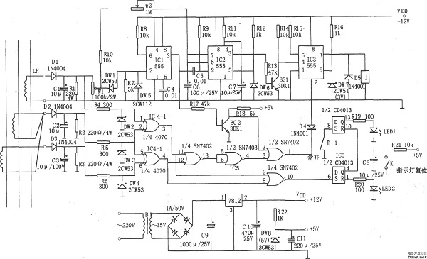 555構成的電器設備過(guò)載和斷相保護裝置_電路圖